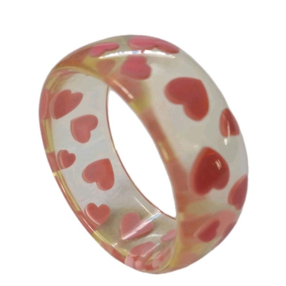 Vintage Clear Lucite Bangle Bracelet w/ Pink Hearts Love Valentines Anniversary
